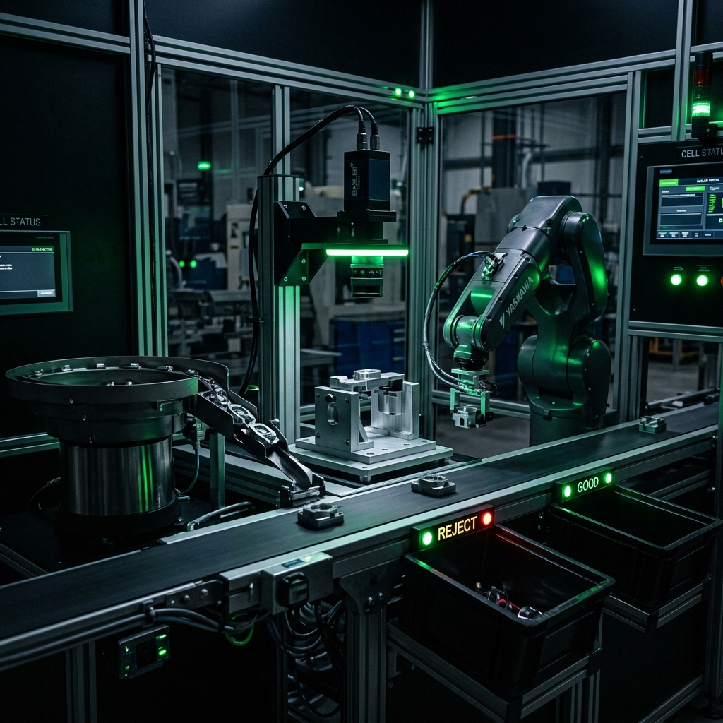 Full inspection cell: part feeder, conveyor, fixture, vision system, robot arm, sorting bins
