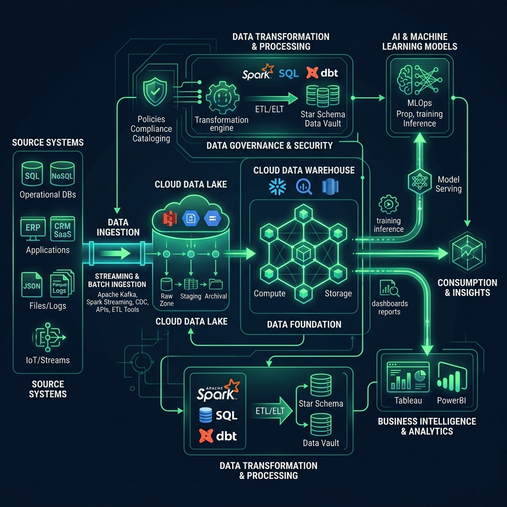 Enterprise data platform diagram: source systems, ingestion, Snowflake, transformation, governance, consumption layer